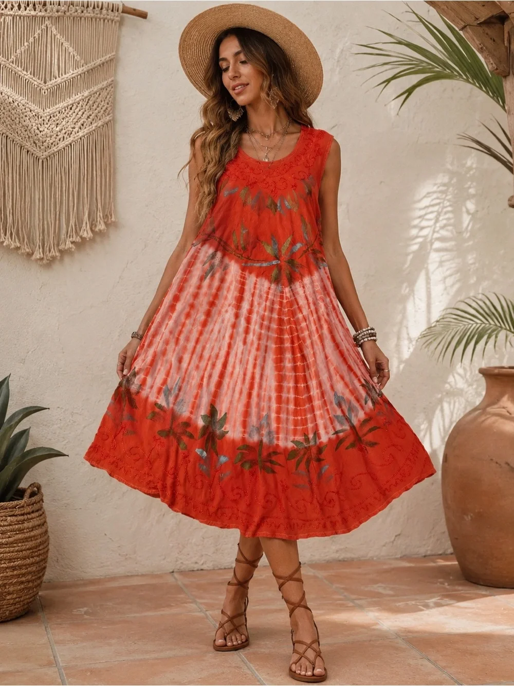 Boho Tie-Dye Floral Midi Cotton Dress - Orange & Silver metallic